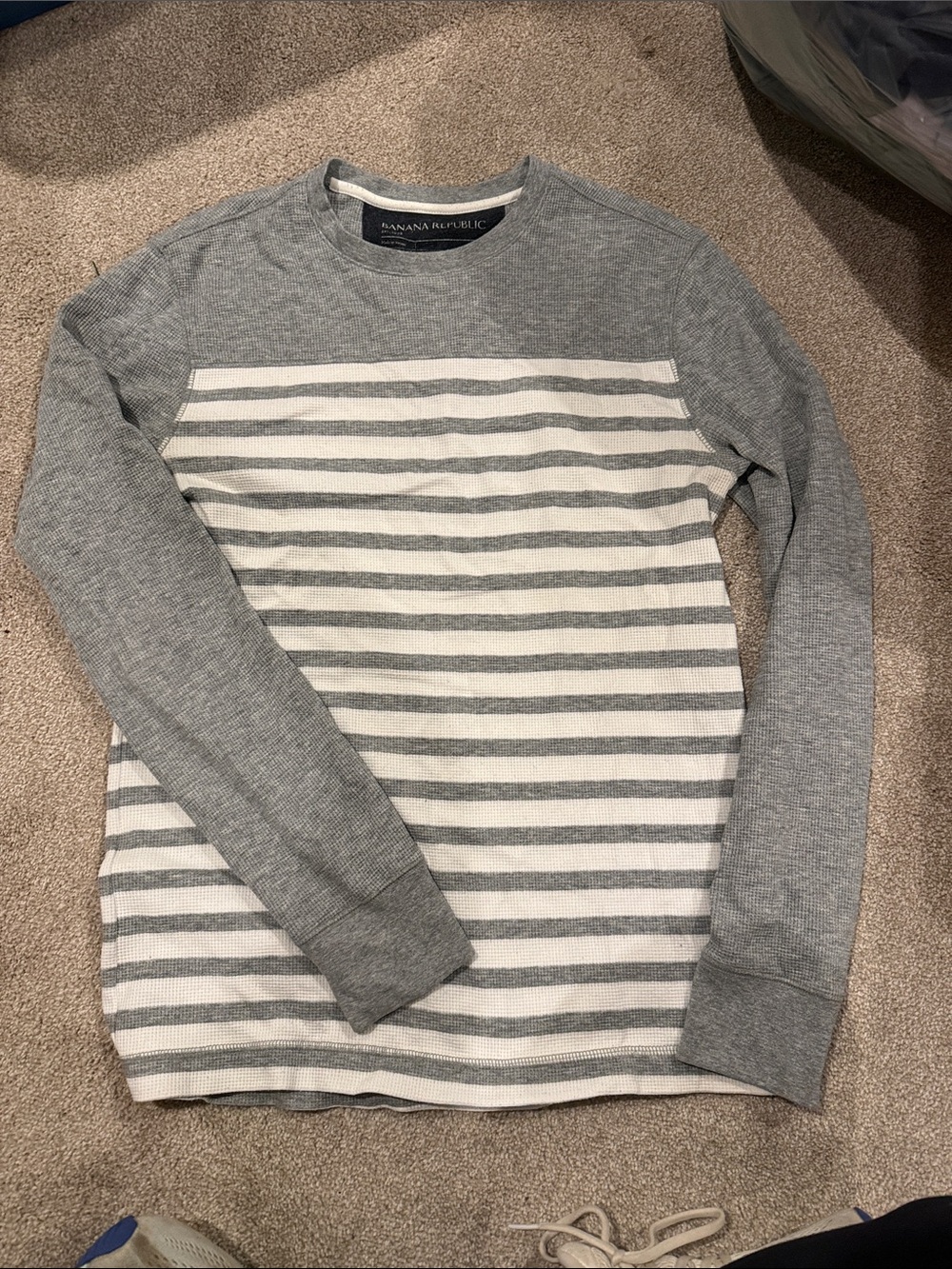Banana Republic Gray & White Striped Crewneck waffle knit shirt